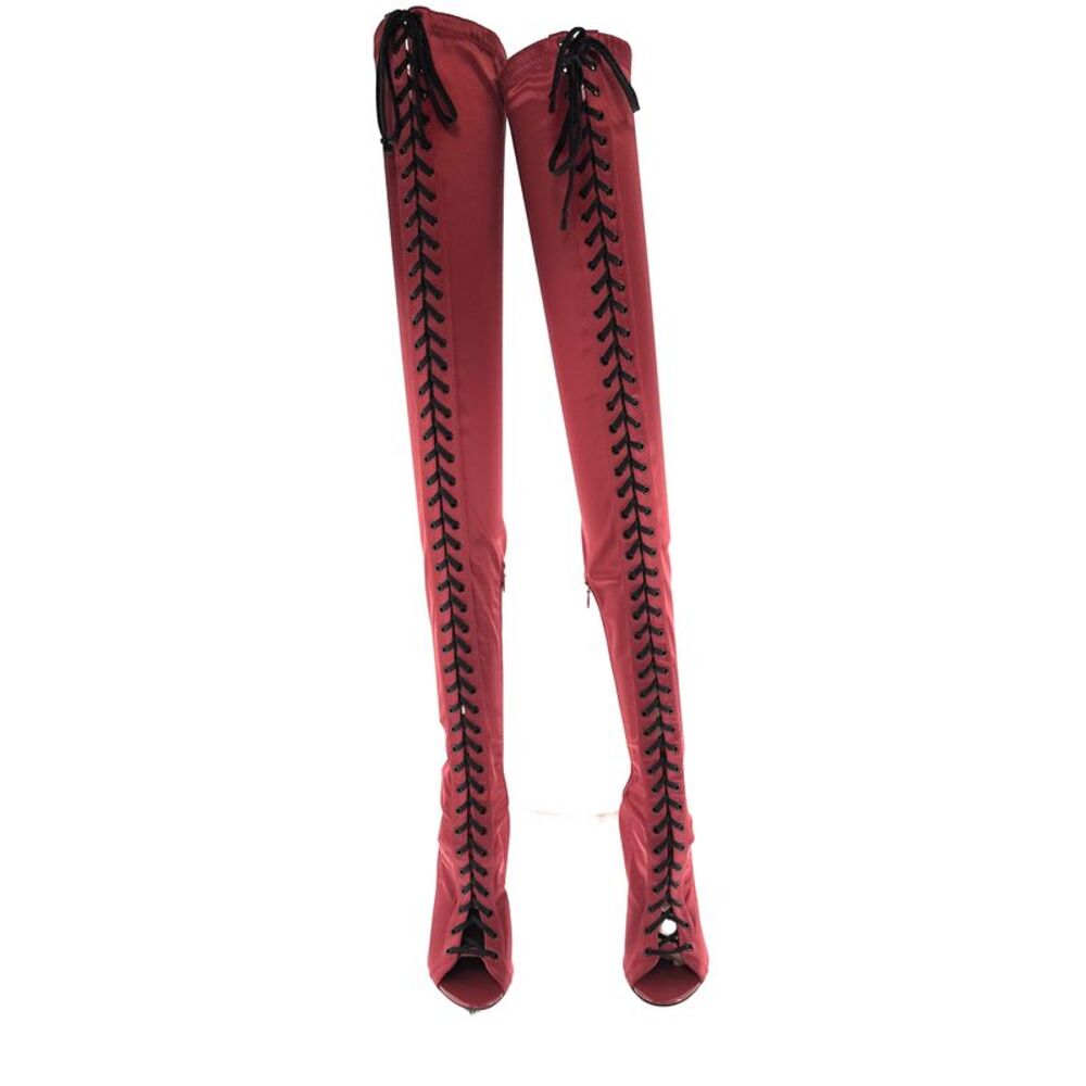 Dolce & Gabbana Red Satin Lace-Up Thigh-High Peep-Toe Boots
-EU36
